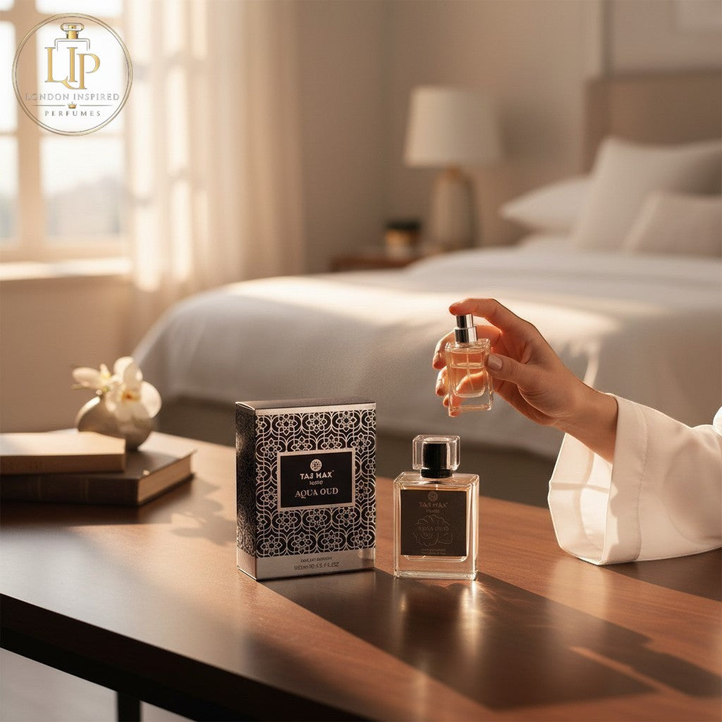 London Inspired Perfumes TAJ Max AQUA OUD Eau de Parfum for men and women, 100ml bottle with woody and leather notes.