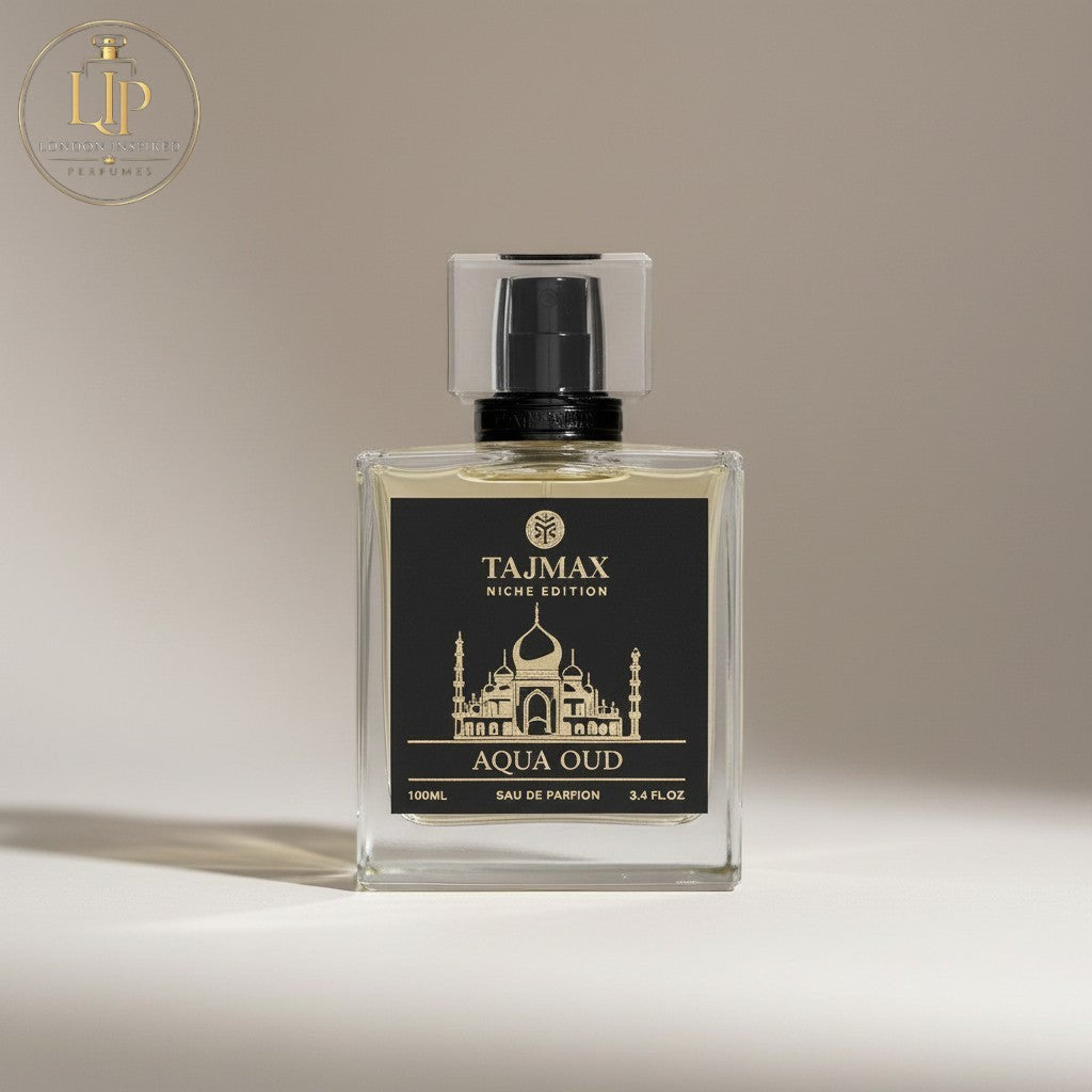 London Inspired Perfumes TAJ Max AQUA OUD Eau de Parfum 100ml, a unisex woody leather fragrance with patchouli and oud notes.