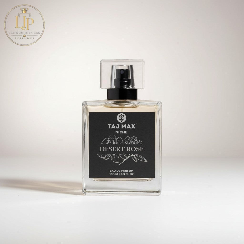 London Inspired Perfumes TAJ Max Desert Rose Eau de Parfum for women and men, 100ml bottle with floral and fruity notes.