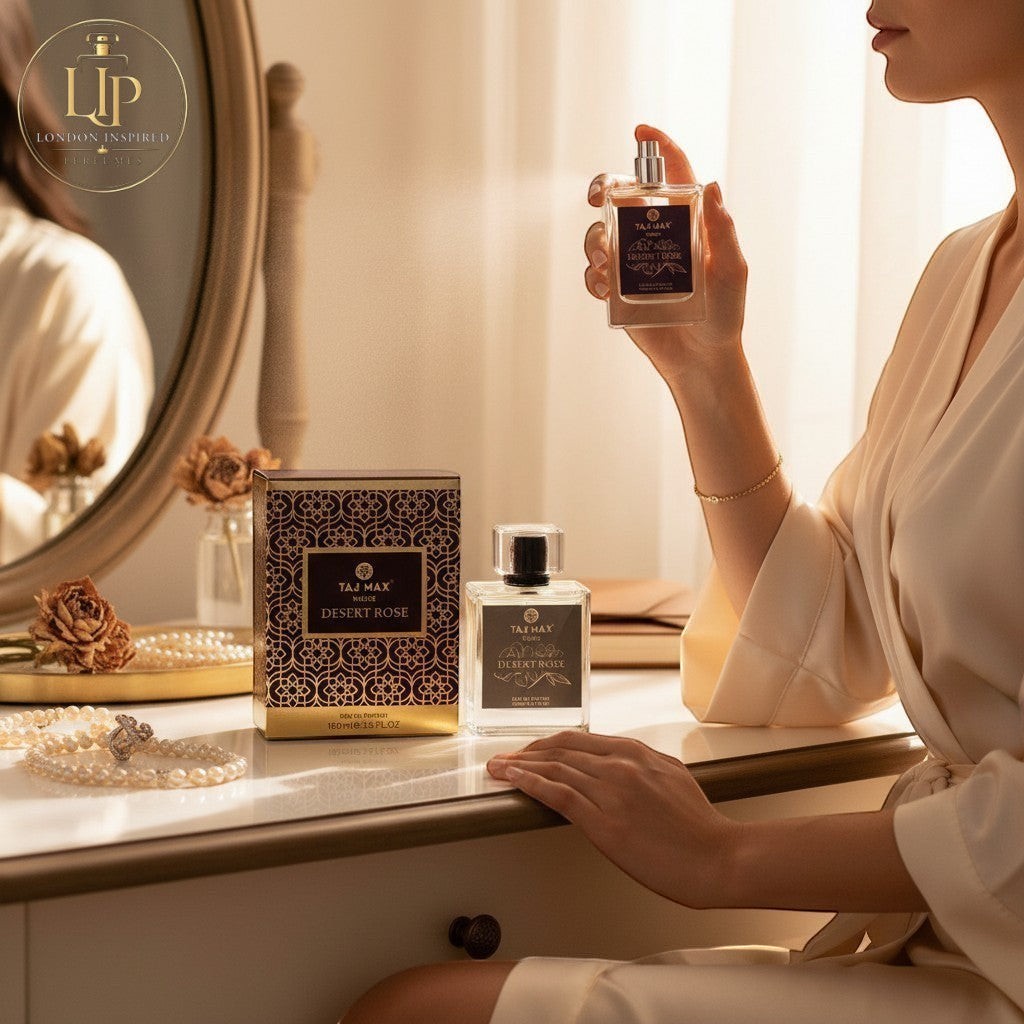 London Inspired Perfumes TAJ Max Desert Rose Eau de Parfum 100ml bottle and box with gold geometric pattern.