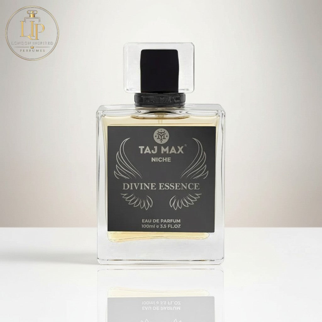 London Inspired Perfumes TAJ Max Divine Essence Eau de Parfum for unisex, 100ml bottle with black label and gold trim.