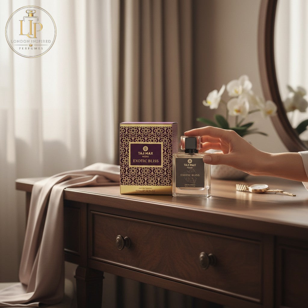 London Inspired Perfumes TAJ Max Exotic Bliss Eau de Parfum 100ml bottle and box with purple and gold geometric design.