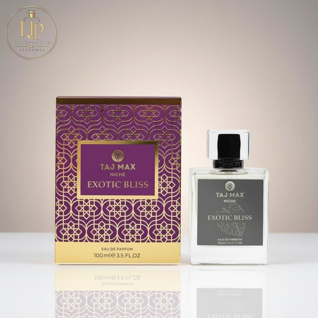 London Inspired Perfumes TAJ Max EXOTIC BLISS Eau de Parfum 100ml bottle and box with purple and gold geometric design.