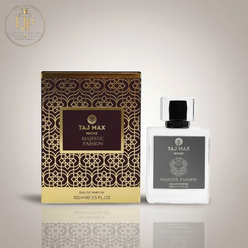 London Inspired Perfumes TAJ Max Majestic Passion Eau de Parfum 100ml bottle and box with gold geometric pattern.
