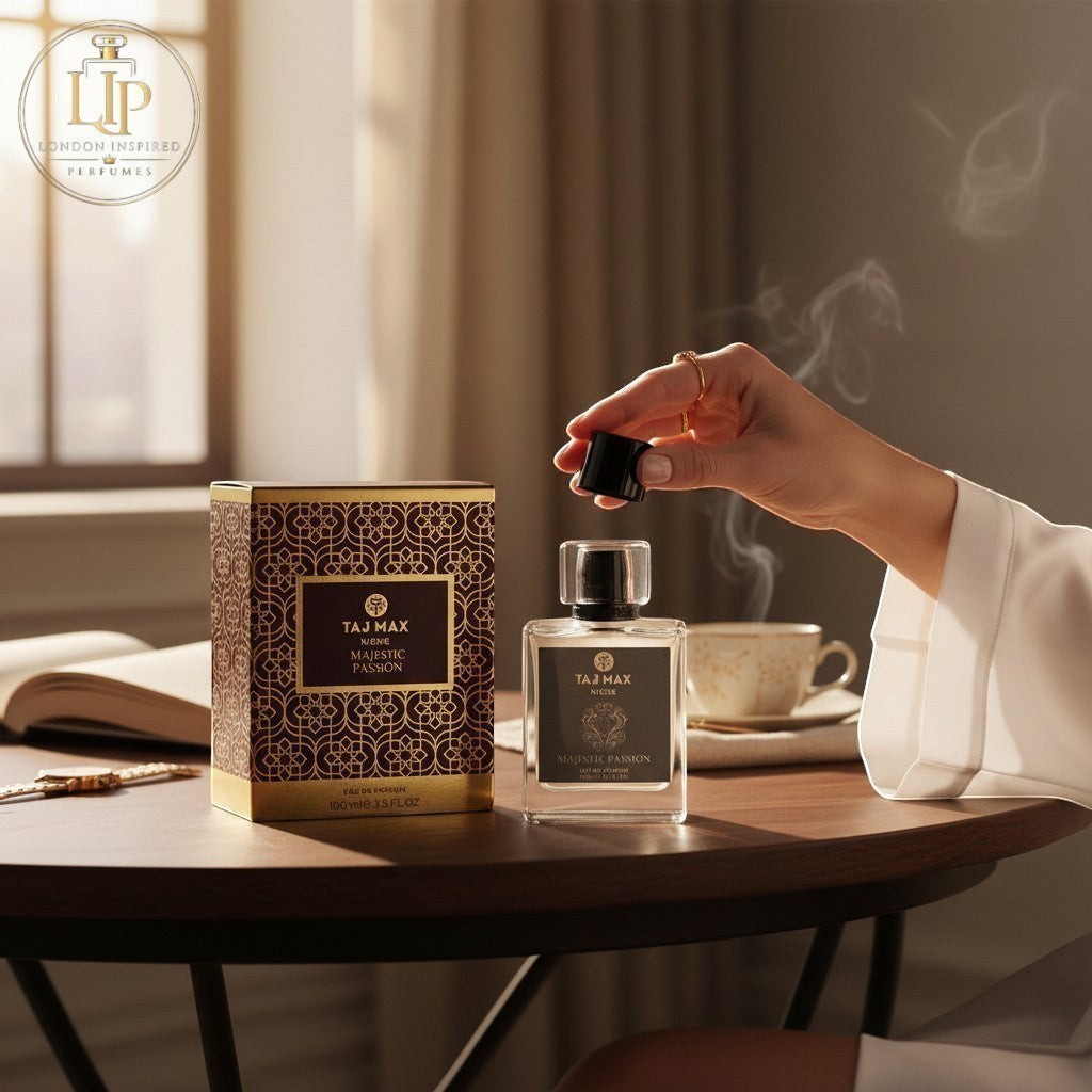 London Inspired Perfumes TAJ Max Majestic Passion Eau de Parfum 100ml bottle and box with gold geometric pattern.