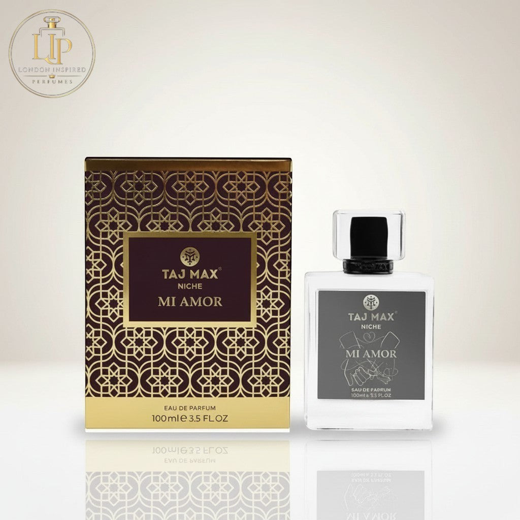 London Inspired Perfumes MI AMORE TAJ Max Eau de Parfum 100ml bottle and box with gold and maroon geometric pattern.