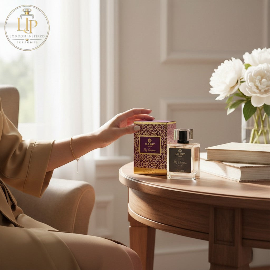 London Inspired Perfumes MY DREAM TAJ Max Eau de Parfum 100ml bottle and box with purple and gold geometric pattern.