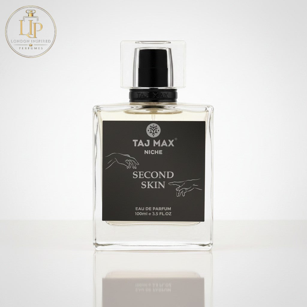 London Inspired Perfumes TAJ Max SECOND SKIN Eau de Parfum, a unisex aquatic, woody, spicy fragrance with notes of bergamot, oakmoss, green apple, clove, cinnamon, seaweed, cedar, vanilla, vetiver, and sandalwood.