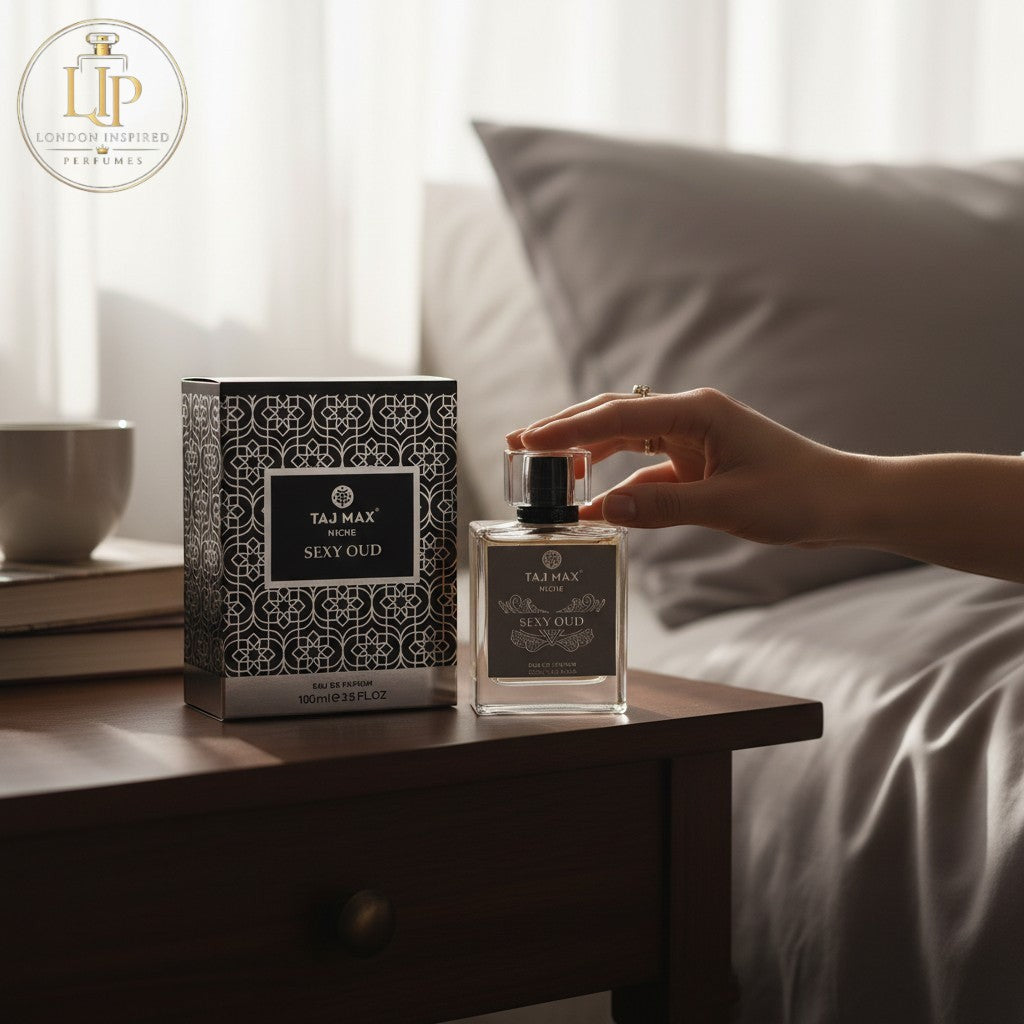 London Inspired Perfumes TAJ MAX Sexy Oud Eau de Parfum 100ml 3.5 FL.OZ bottle and box. Woody, spicy unisex fragrance.