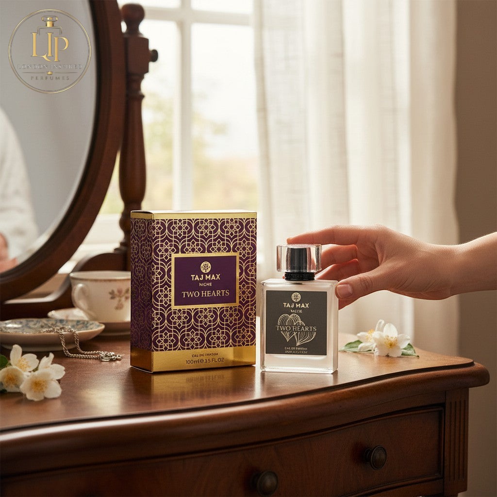 London Inspired Perfumes TAJ Max TWO HEARTS Eau de Parfum, 100ml. Unisex woody fougere fragrance with green notes, hemp, coffee, tobacco, agarwood, and incense.