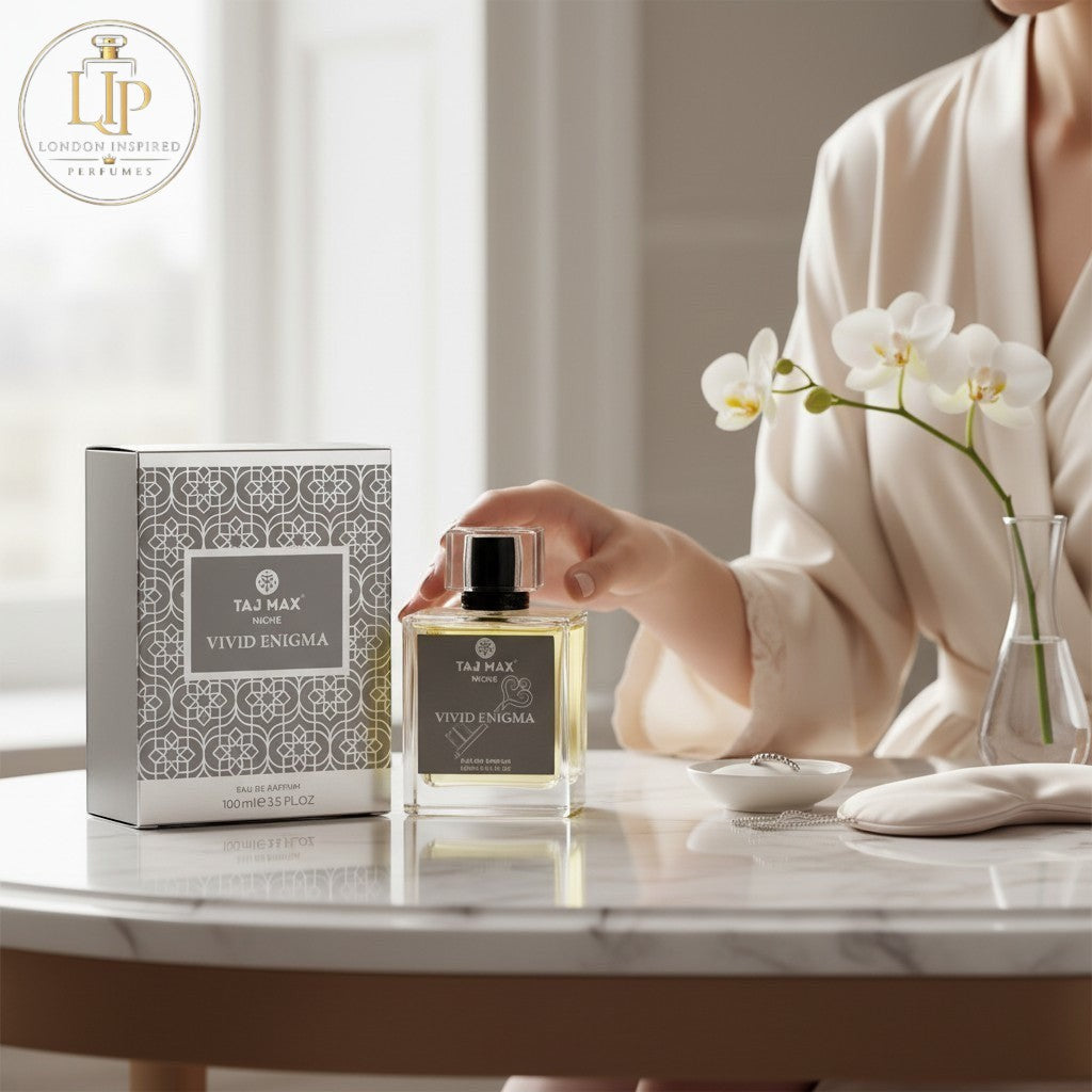 London Inspired Perfumes TAJ Max Vivid Enigma Eau de Parfum for women and men, 100ml bottle with grey patterned box.