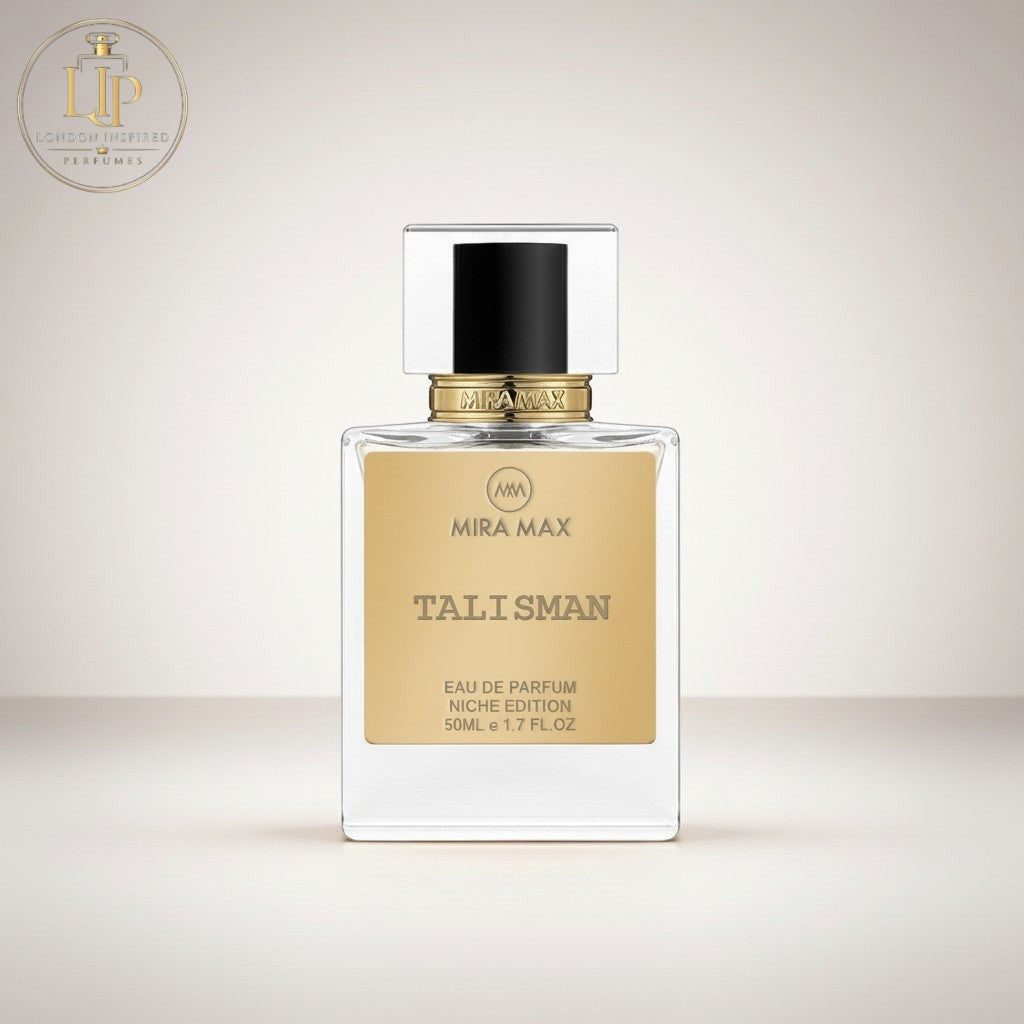 London Inspired Perfumes TALISMAN Mira Max Eau de Parfum, 50ml bottle with gold label and clear glass.
