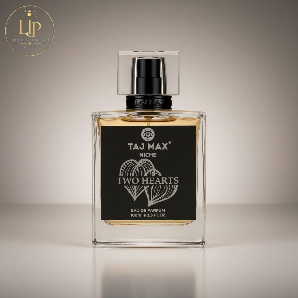 London Inspired Perfumes TWO HEARTS TAJ Max Eau de Parfum for unisex, woody fougere scent with green notes, hemp, coffee, tobacco, agarwood, and incense.