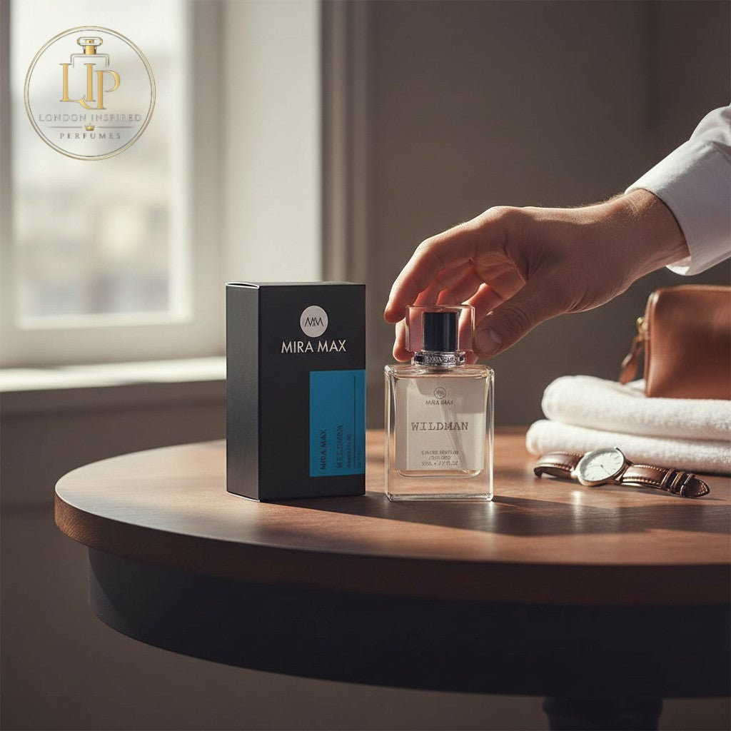 London Inspired Perfumes WILDMAN Mira Max 50ml Eau de Parfum for Men, a fougere fragrance with Sichuan pepper, bergamot, and ambroxan notes.